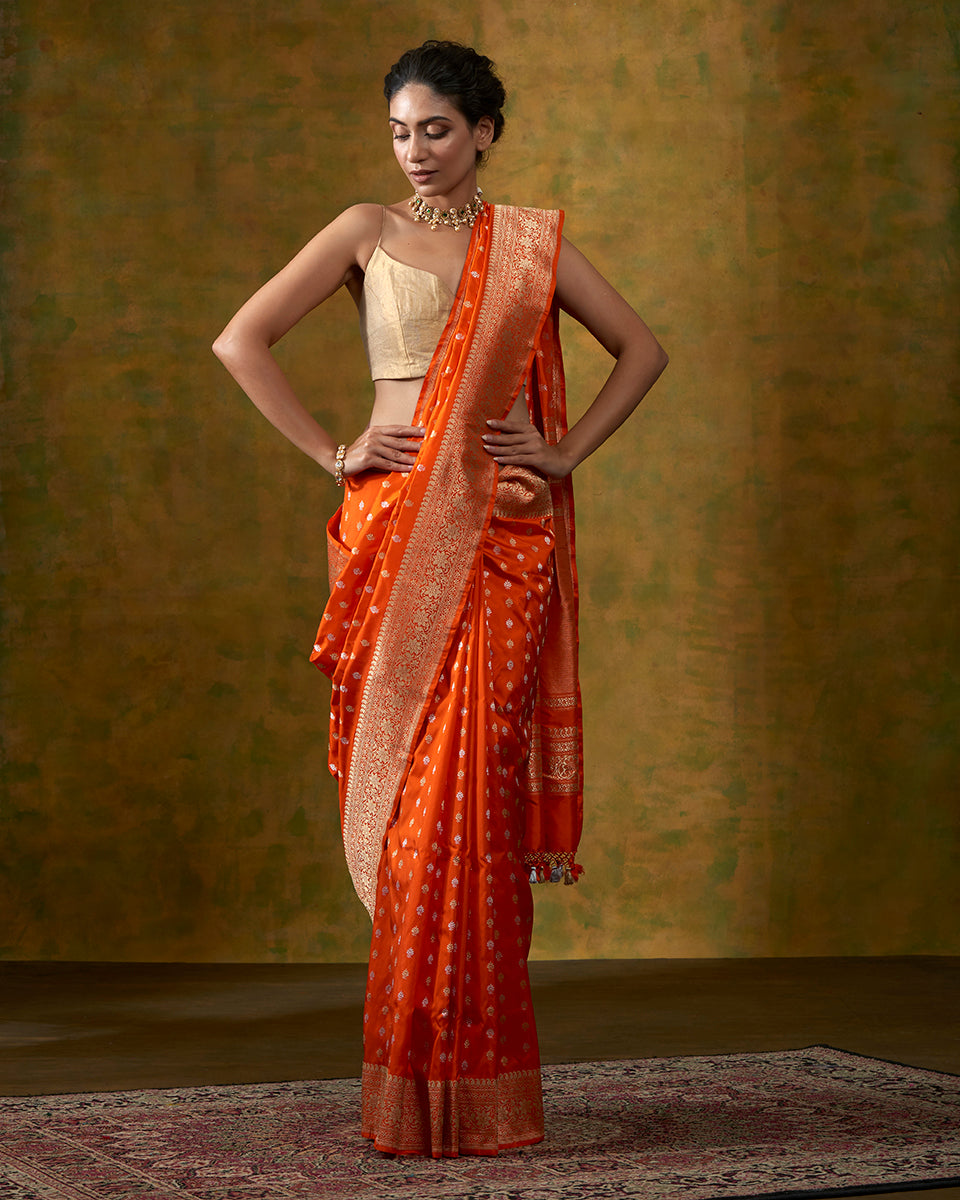 Blood_Orange_Banarasi_Handloom_Saree_with_Kadhwa_Floral_Border_and_Gold_and_Silver_Zari_Booti_WeaverStory_02
