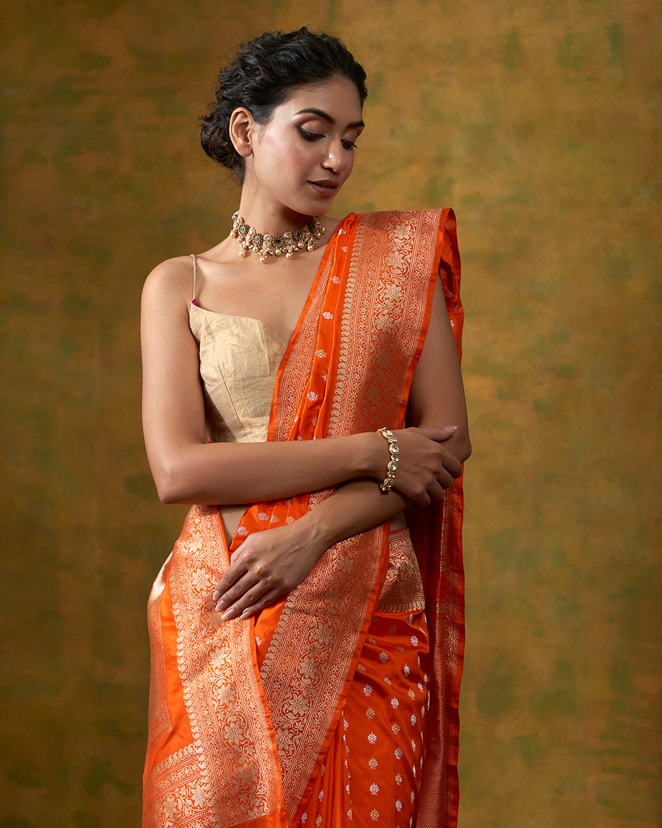 Blood_Orange_Banarasi_Handloom_Saree_with_Kadhwa_Floral_Border_and_Gold_and_Silver_Zari_Booti_WeaverStory_01