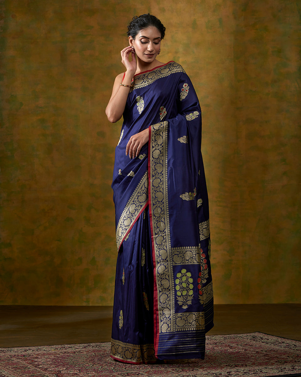 Dark_Blue_Banarasi_Handloom_Saree_with_Kadhwa_Meenakari_Booti_and_Floral_Border_WeaverStory_02
