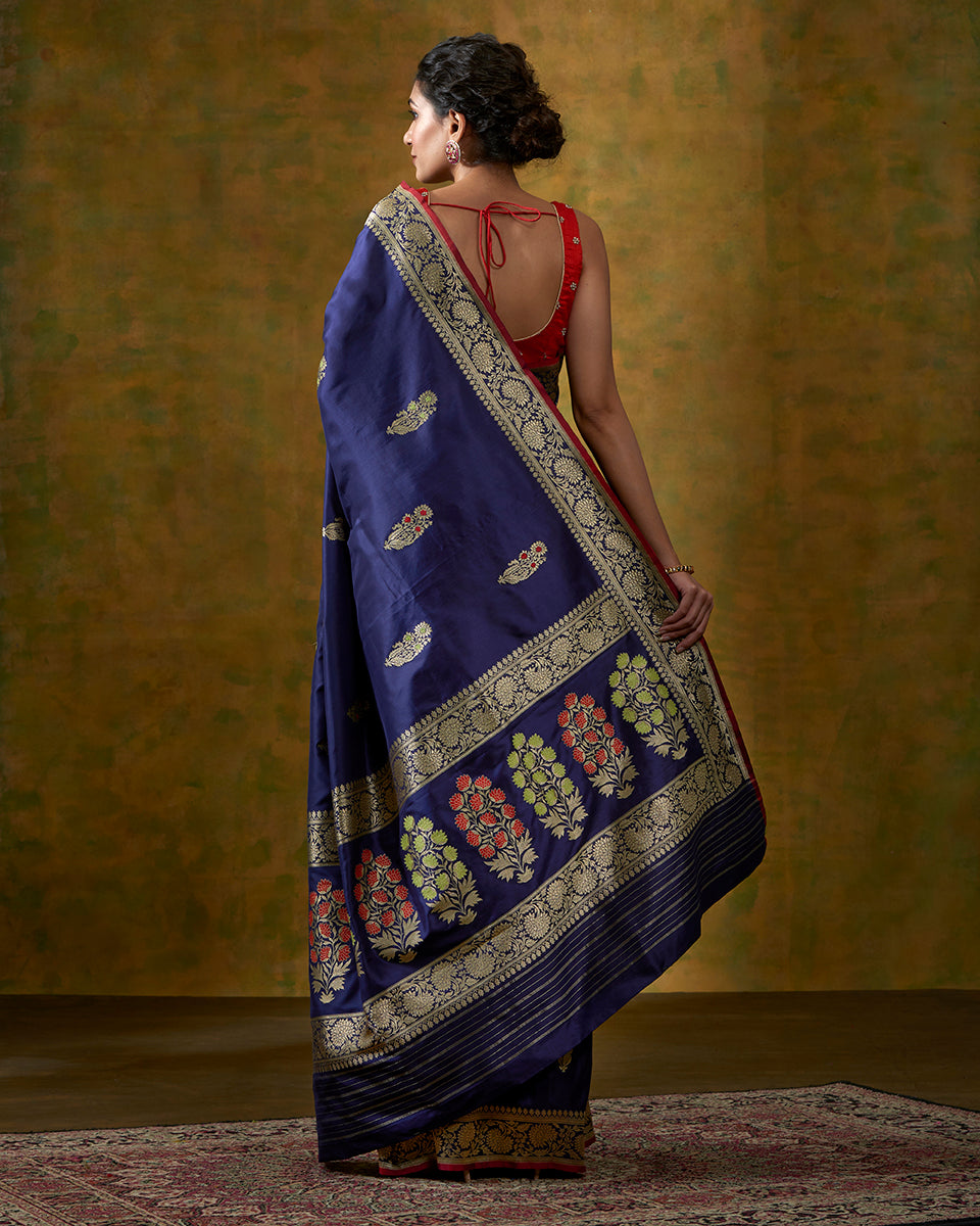 Dark_Blue_Banarasi_Handloom_Saree_with_Kadhwa_Meenakari_Booti_and_Floral_Border_WeaverStory_03
