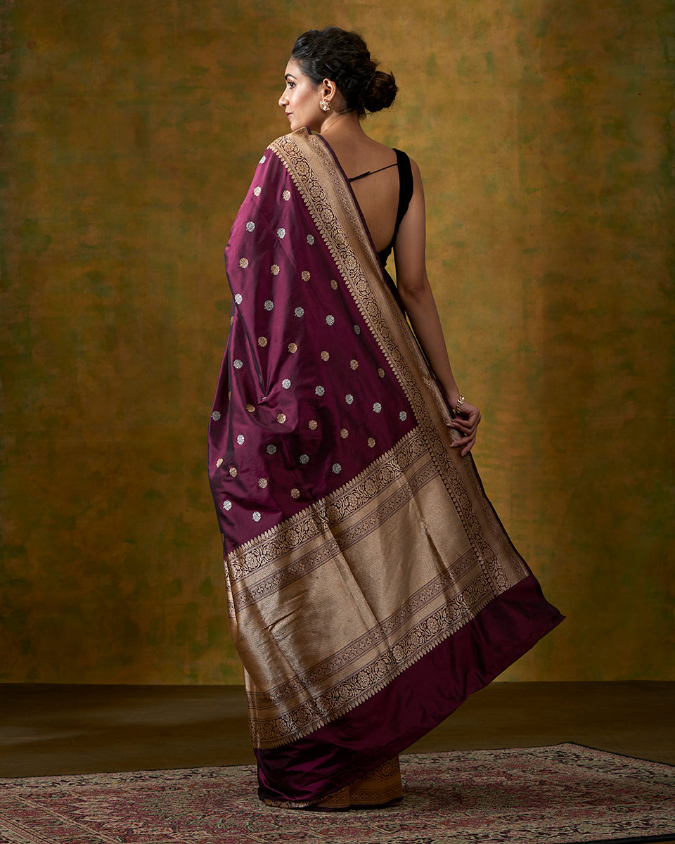 Handloom_Wine_Banarasi_Saree_with_Kadhwa_Weave_and_Beldaar_Border_WeaverStory_03