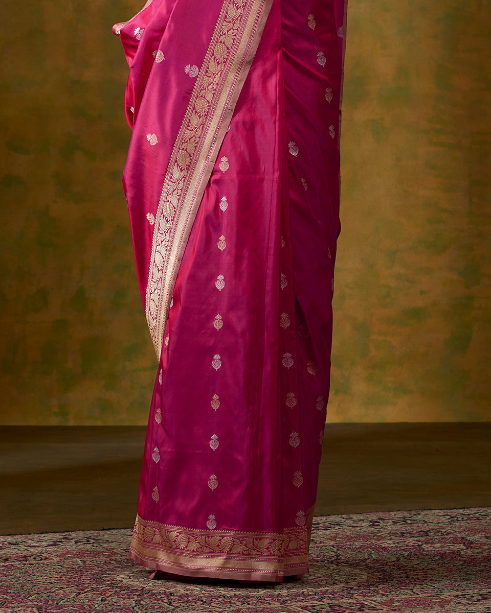 Rani_Pink_Banarasi_Handloom_Saree_with_Kadhwa_Floral_Border_and_Gold_and_Silver_Zari_Motifs_WeaverStory_04