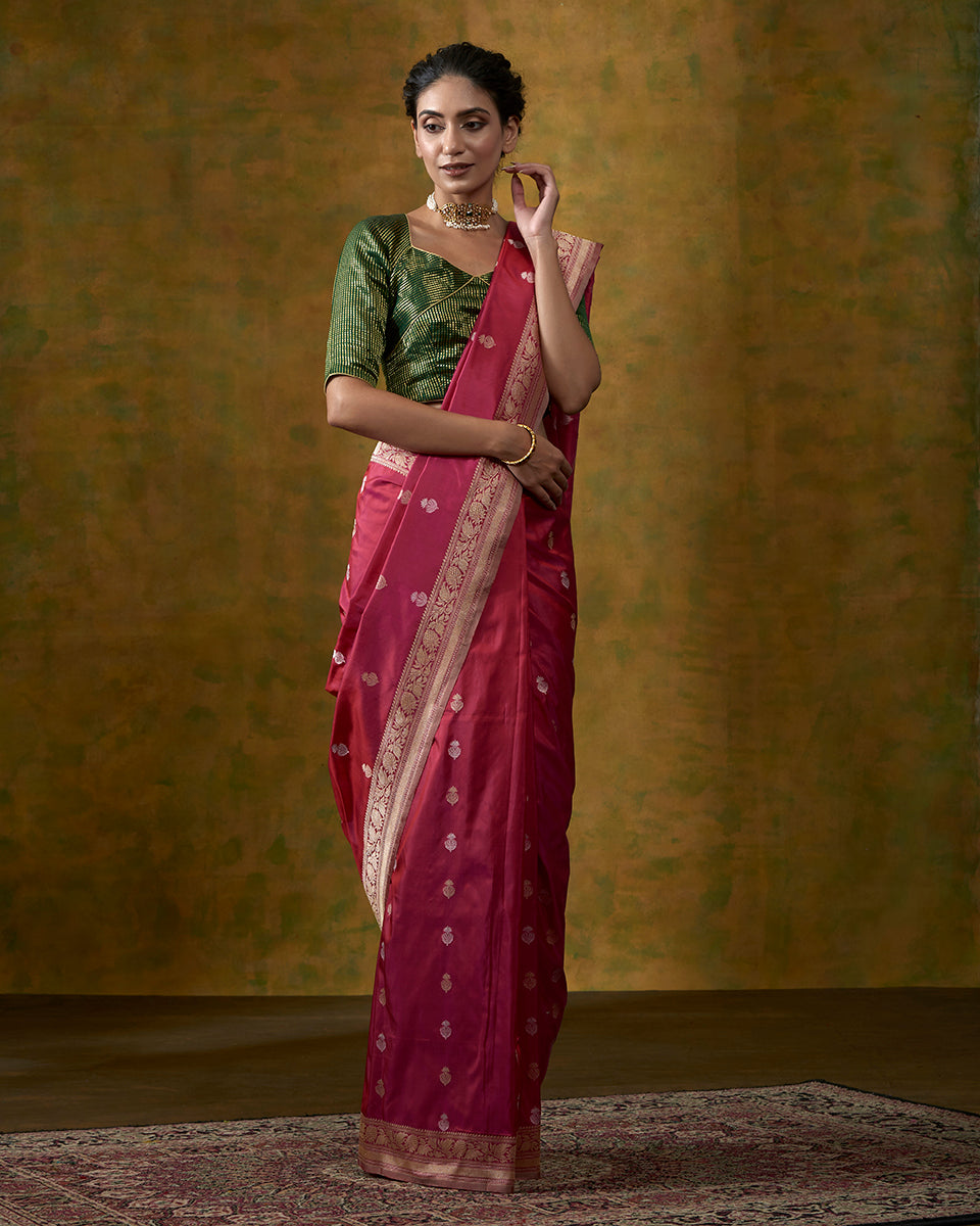 Rani_Pink_Banarasi_Handloom_Saree_with_Kadhwa_Floral_Border_and_Gold_and_Silver_Zari_Motifs_WeaverStory_02
