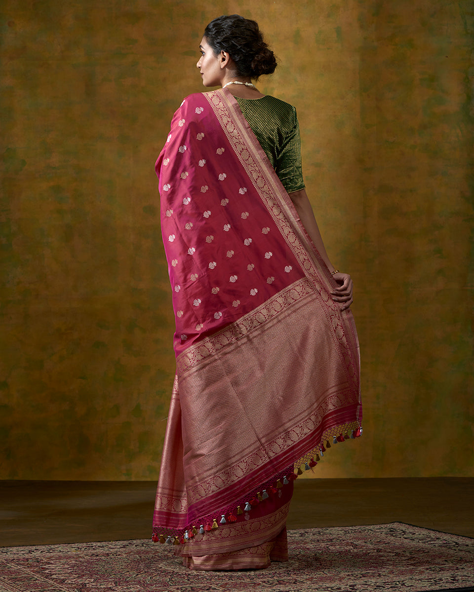 Rani_Pink_Banarasi_Handloom_Saree_with_Kadhwa_Floral_Border_and_Gold_and_Silver_Zari_Motifs_WeaverStory_03