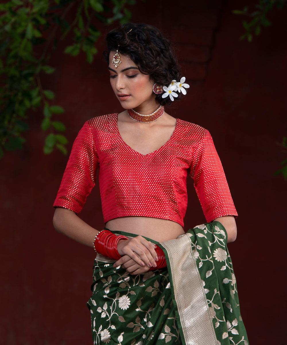 Red_Handloom_Satin_Banarasi_Blouse_With_Zari_Booti_WeaverStory_01