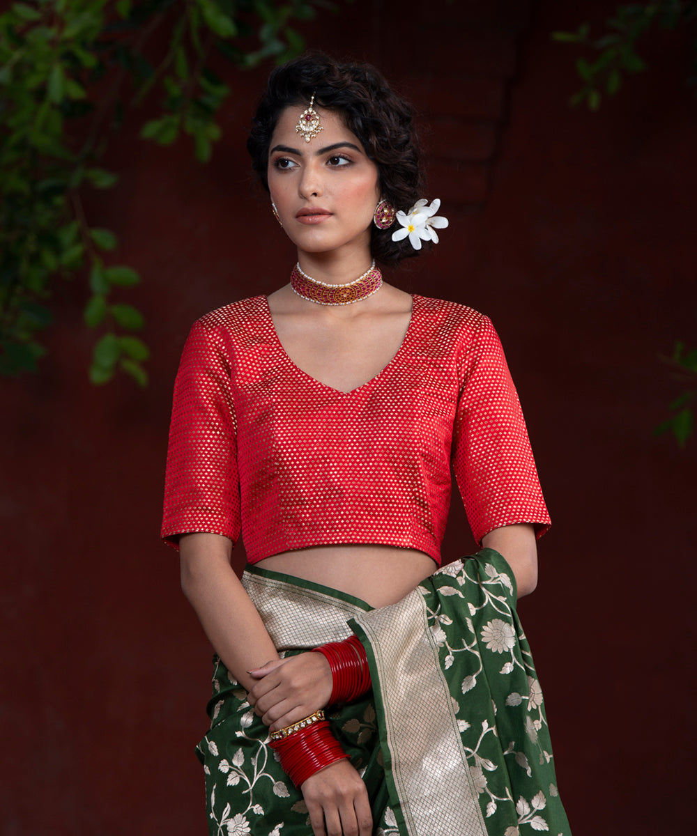 Red_Handloom_Satin_Banarasi_Blouse_With_Zari_Booti_WeaverStory_03