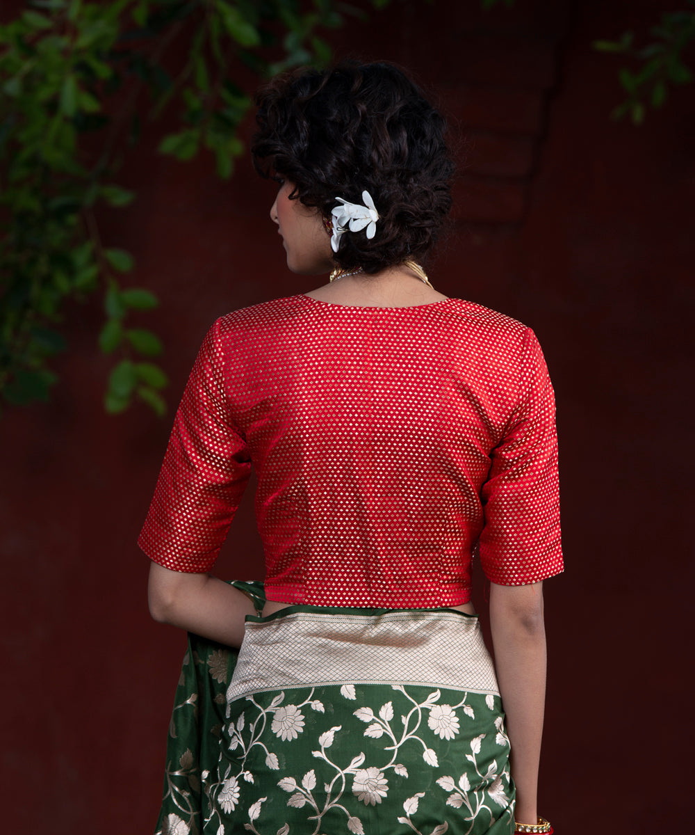 Red_Handloom_Satin_Banarasi_Blouse_With_Zari_Booti_WeaverStory_04