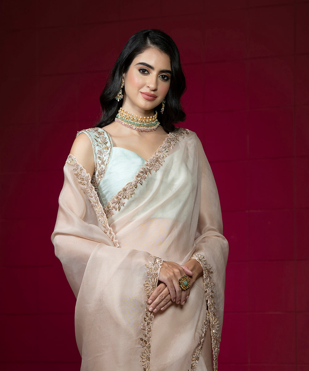 Ice Blue Hand Embroidered Raw Silk Blouse Blouses/ Crop Tops