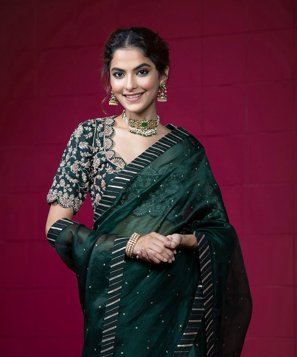 Deep Green Scalloped Blouse With Hand Embroidery Blouses/ Crop Tops