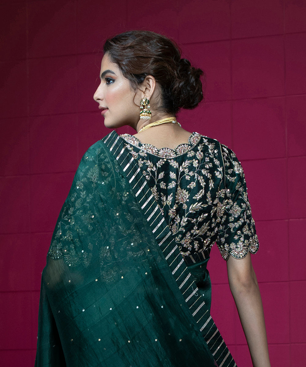 Deep Green Scalloped Blouse With Hand Embroidery Blouses/ Crop Tops