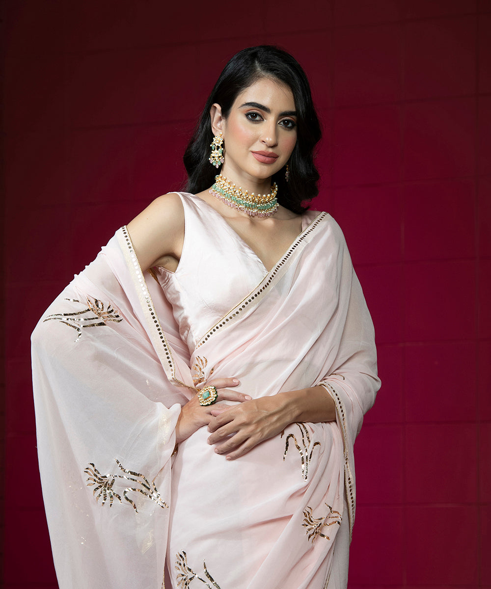 Baby Pink Handloom Pure Satin Silk Blouse With Deep V-Neckline Blouses/ Crop Tops