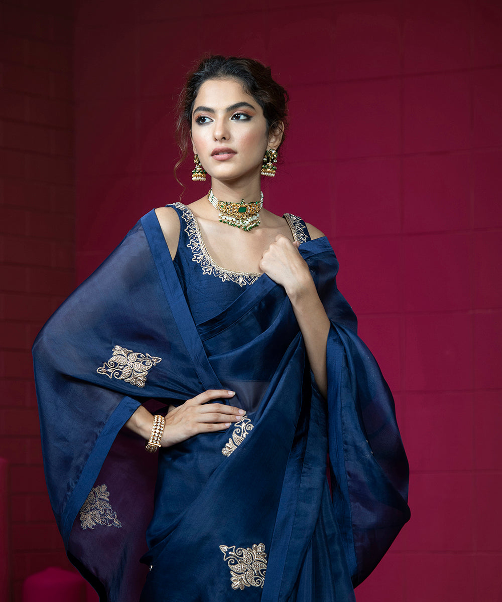 Midnight Blue Raw Silk Hand Embroidered Blouse Blouses/ Crop Tops