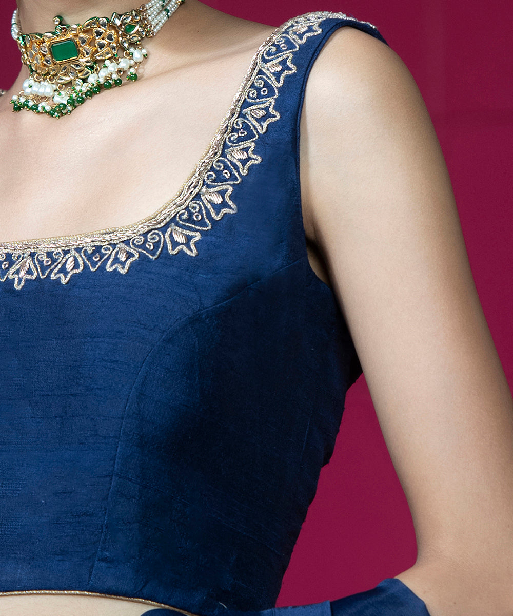 Midnight Blue Raw Silk Hand Embroidered Blouse Blouses/ Crop Tops
