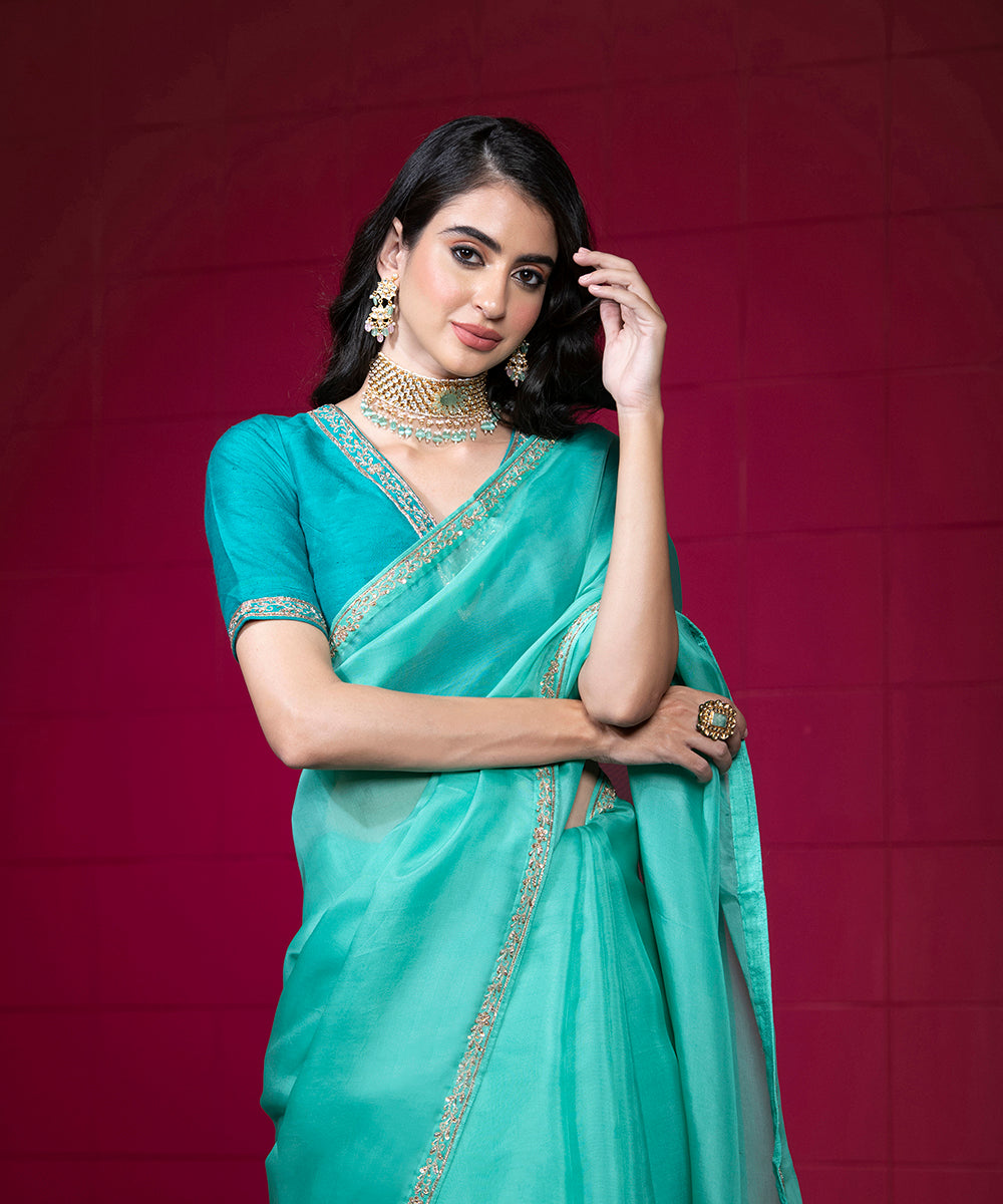Sea Green Raw Silk Hand Embroidered Blouse With V-Neckline Blouses/ Crop Tops
