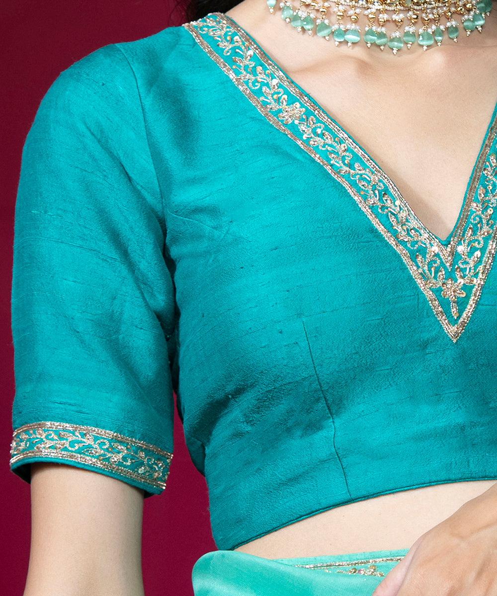 Sea Green Raw Silk Hand Embroidered Blouse With V-Neckline Blouses/ Crop Tops