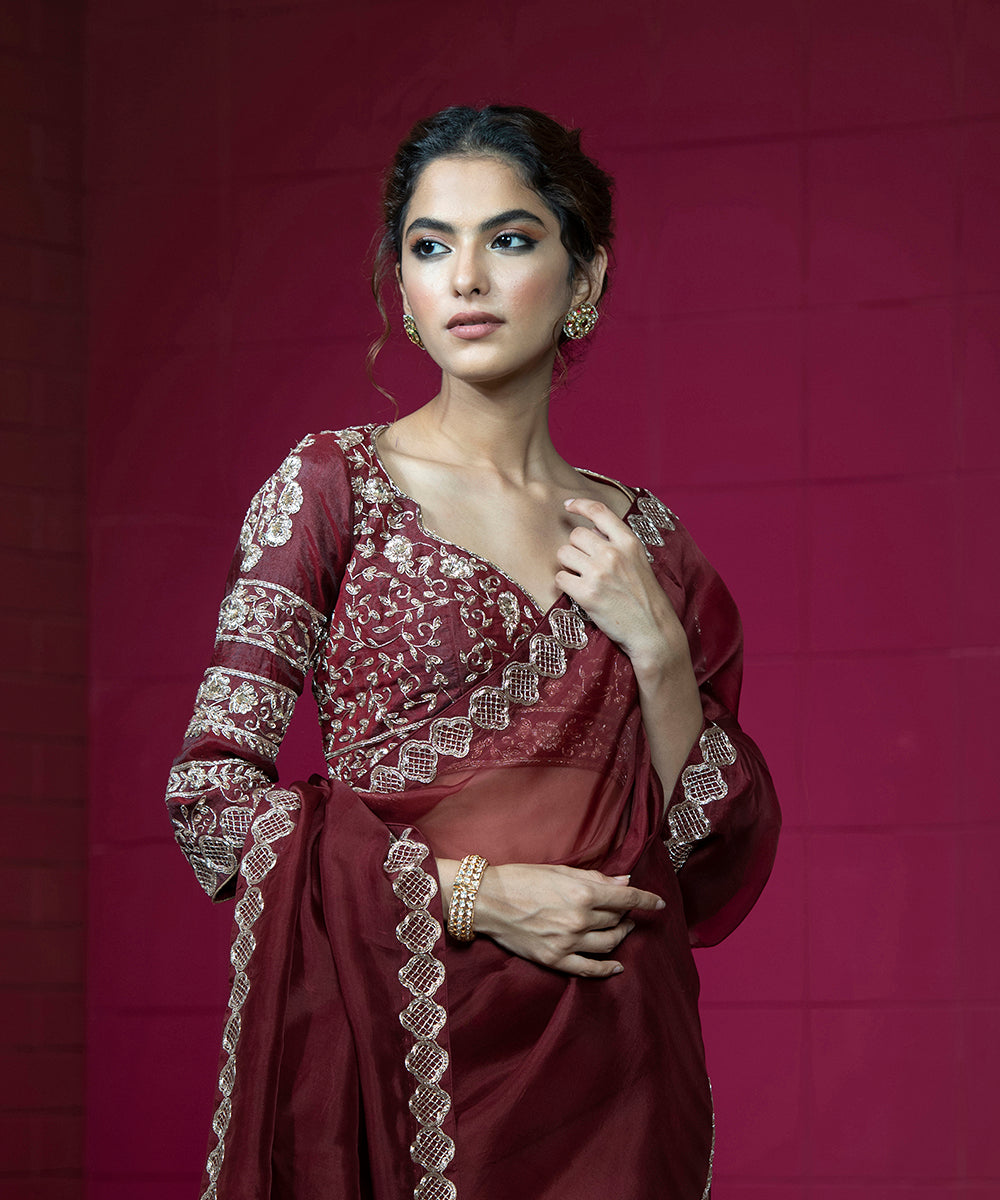 Maroon Hand Embroidered Raw Silk Blouse With 3/4Th Sleeves Blouses/ Crop Tops