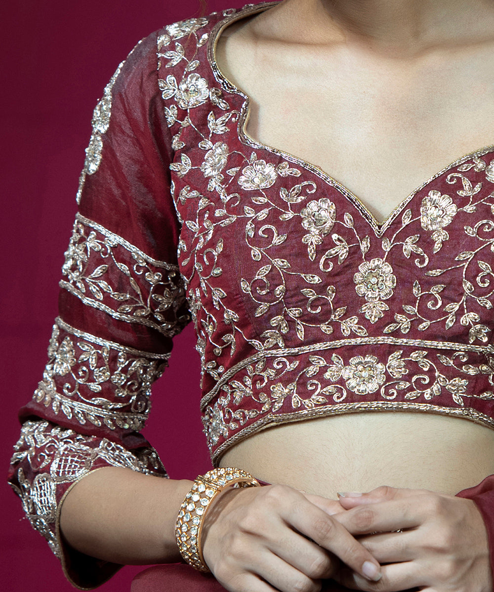 Maroon Hand Embroidered Raw Silk Blouse With 3/4Th Sleeves Blouses/ Crop Tops