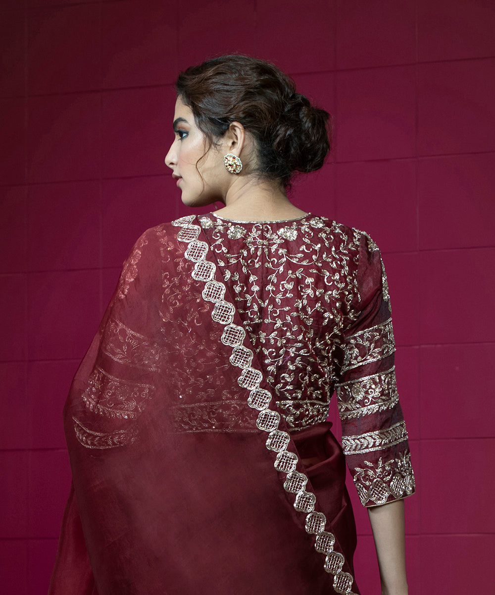 Maroon Hand Embroidered Raw Silk Blouse With 3/4Th Sleeves Blouses/ Crop Tops