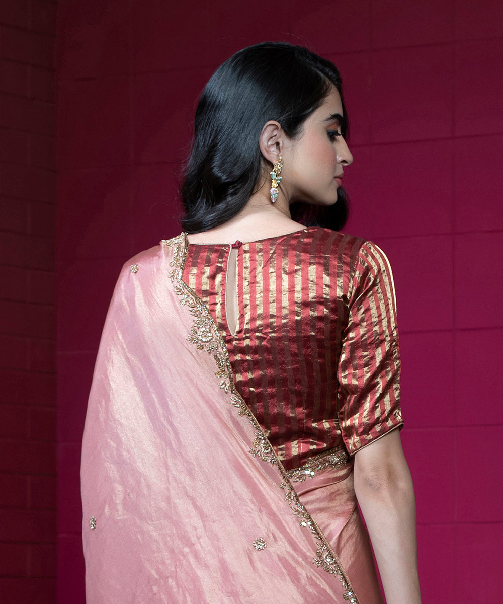 Brick Red Pure Tissue Silk Closed Neck Striped Blouse Blouses/ Crop Tops