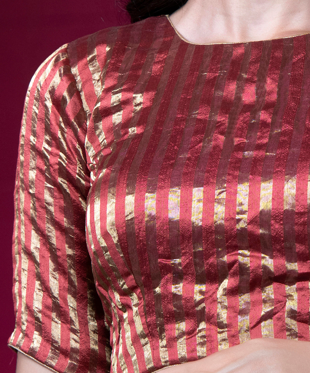 Brick Red Pure Tissue Silk Closed Neck Striped Blouse Blouses/ Crop Tops