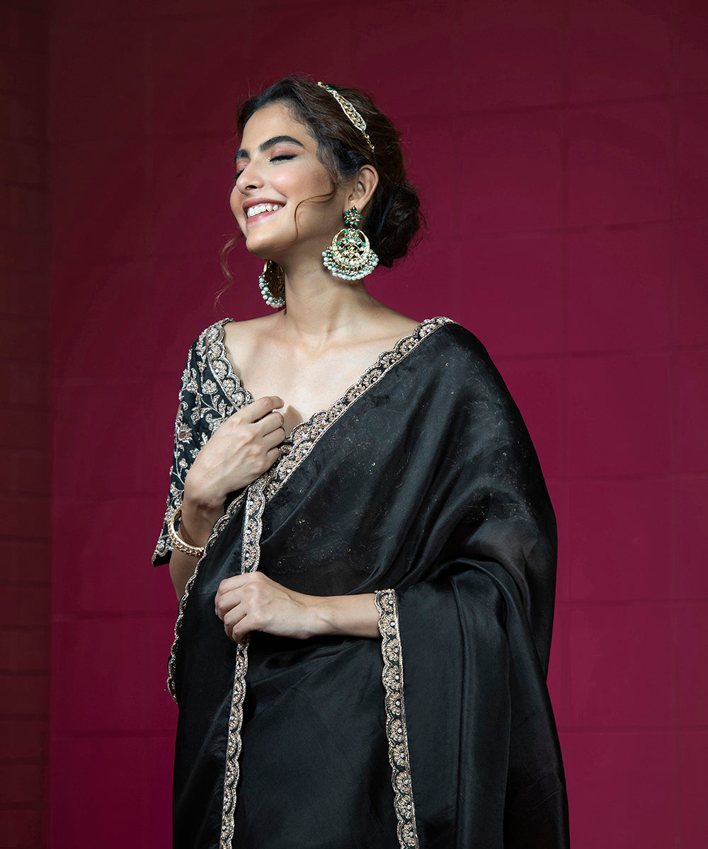 Black Hand Embroidered Raw Silk Blouse With Scalloped Border Blouses/ Crop Tops