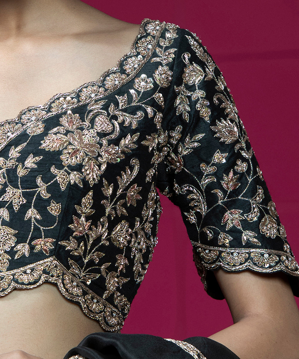 Black Hand Embroidered Raw Silk Blouse With Scalloped Border Blouses/ Crop Tops
