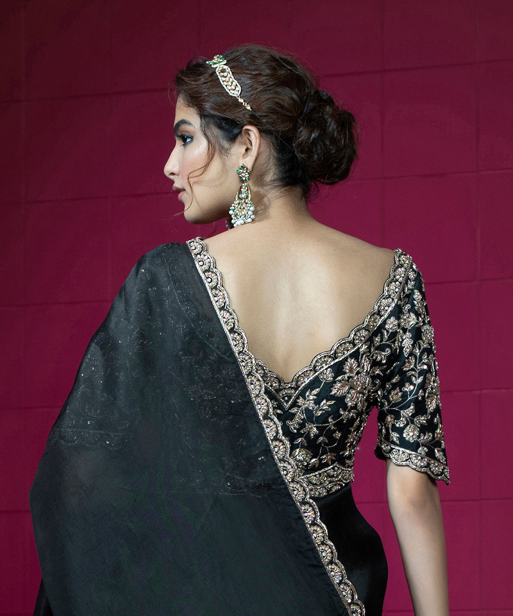 Black Hand Embroidered Raw Silk Blouse With Scalloped Border Blouses/ Crop Tops