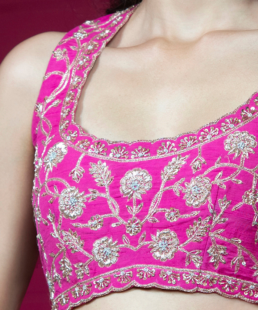Hot Pink Raw Silk Sleeveless Blouse With Hand Embroidery Blouses/ Crop Tops