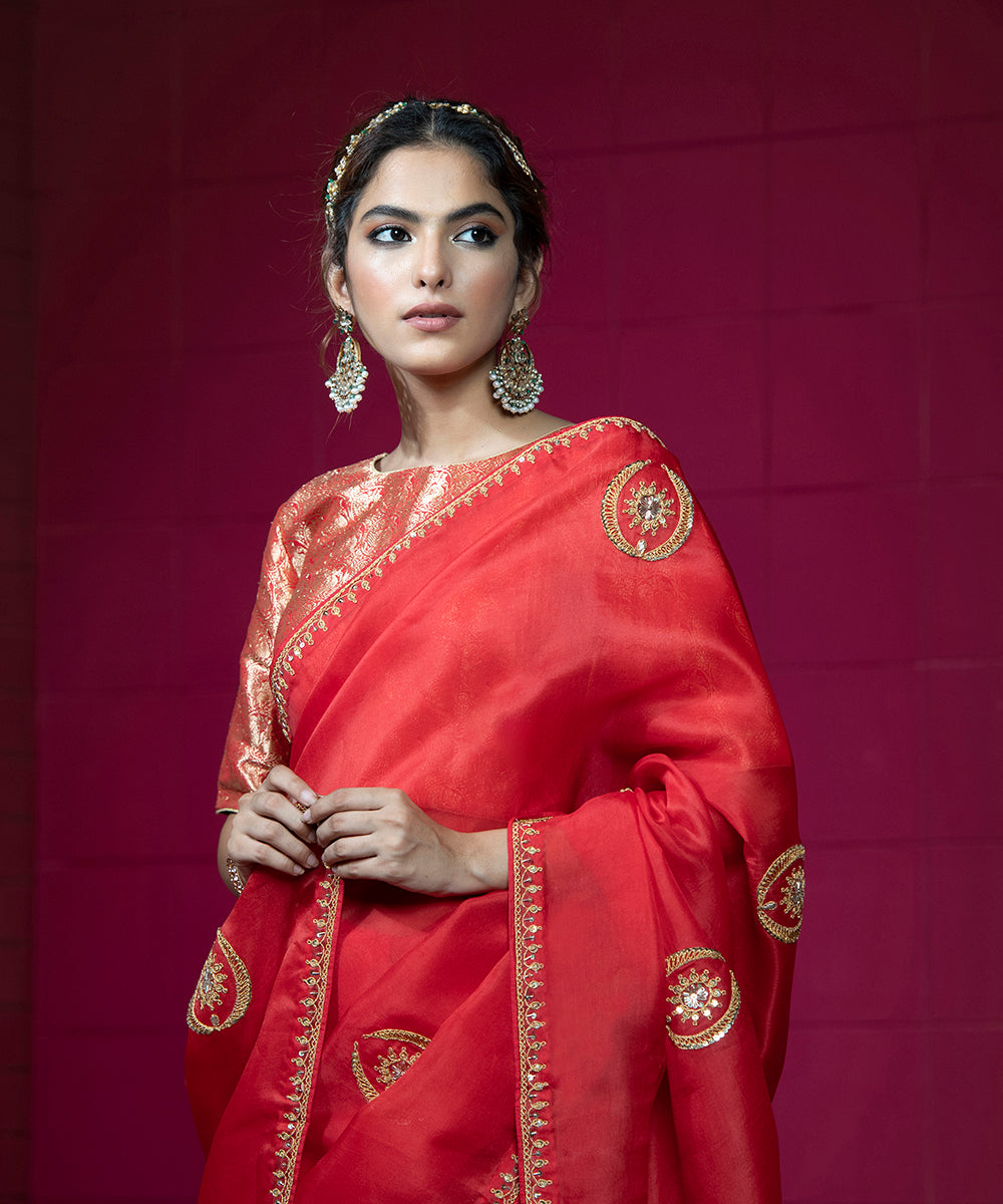 Brick Red Closed Neck Pure Katan Silk Brocade Blouse With Half Sleeves Blouses/ Crop Tops