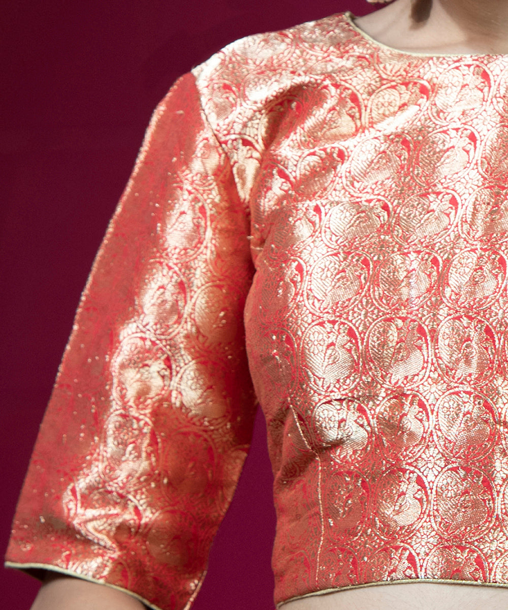 Brick Red Closed Neck Pure Katan Silk Brocade Blouse With Half Sleeves Blouses/ Crop Tops