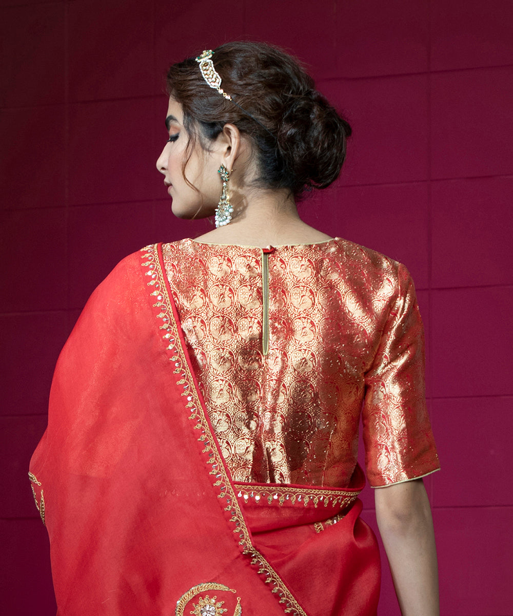 Brick Red Closed Neck Pure Katan Silk Brocade Blouse With Half Sleeves Blouses/ Crop Tops