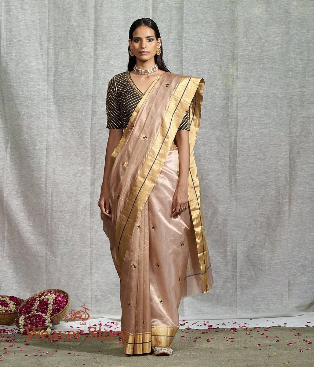 Handwoven_Light_Brown_Silk_Chanderi_Saree_with_Floral_Booti_and_Blue_Meenakari_WeaverStory_02