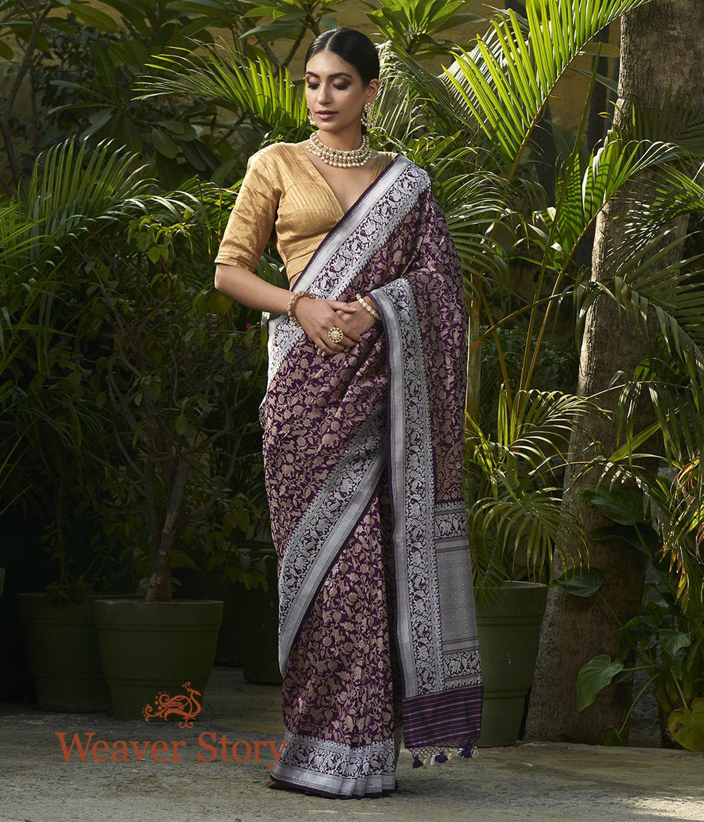 Handwoven_Wine_Kadhwa_Shikargah_Saree_with_Silver_Zari_Border_WeaverStory_02