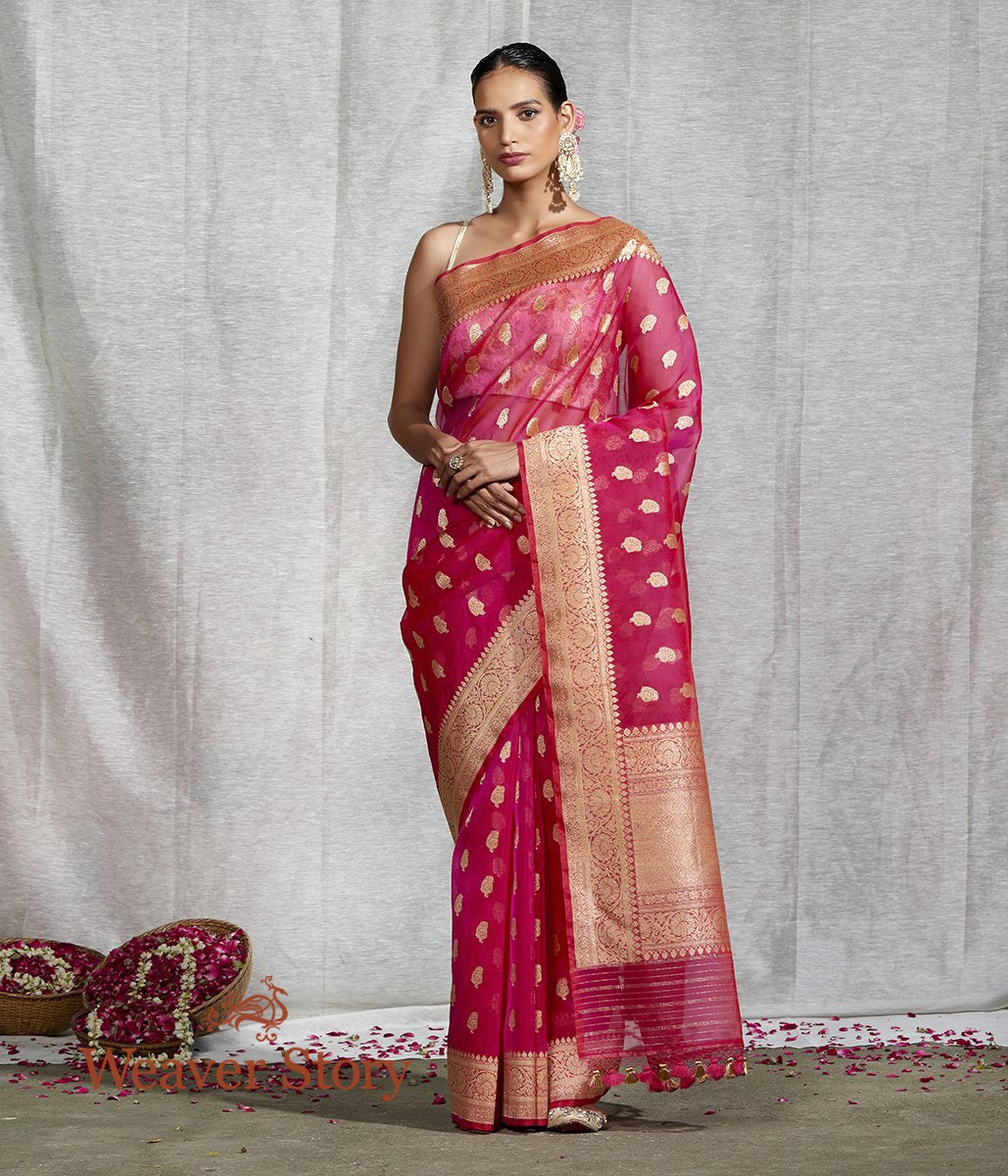 Handwoven_Rani_Pink_Kora_Silk_Banarasi_Saree_WeaverStory_02
