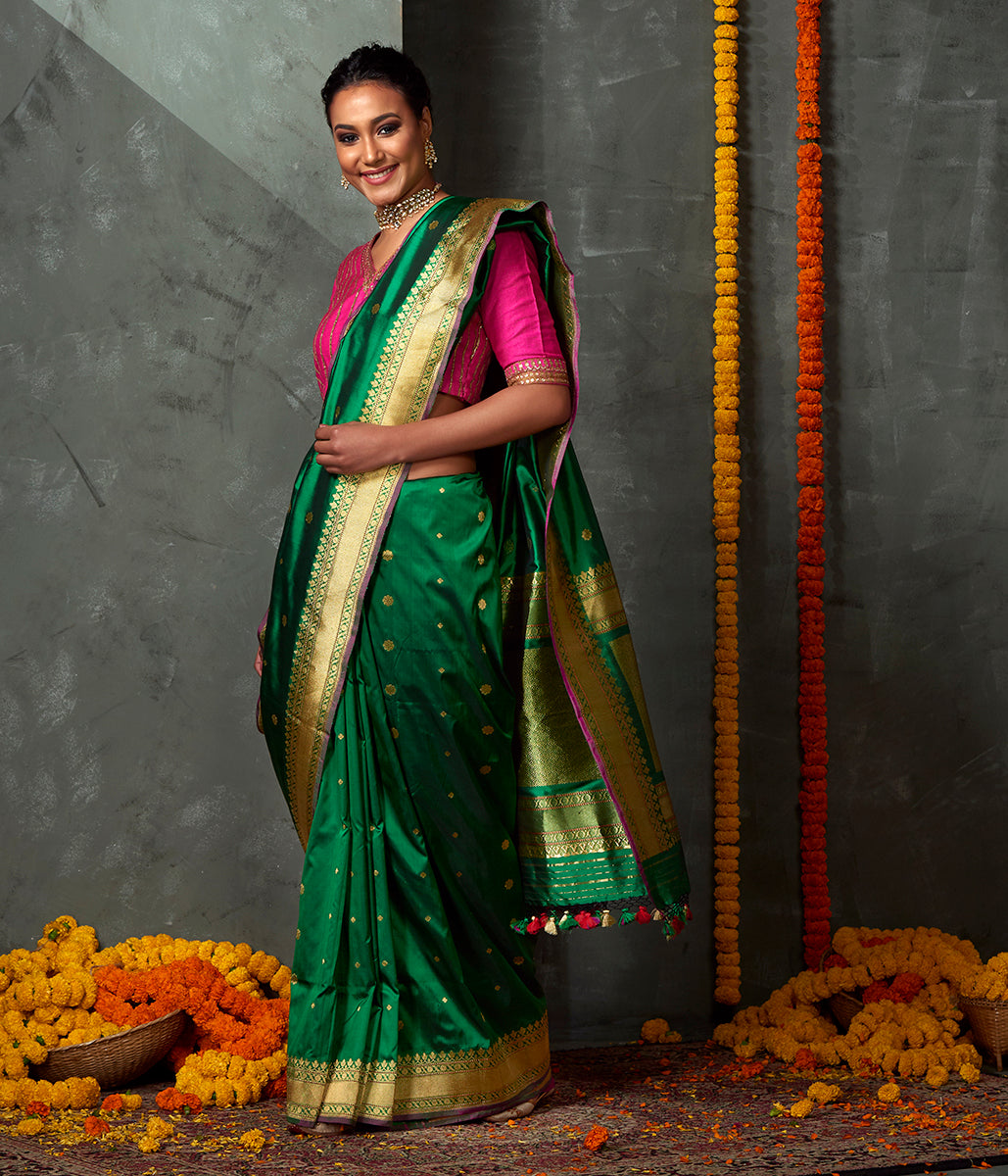 Handloom_Green_Kadhwa_Booti_Saree_with_Floral_Zari_Border_WeaverStory_02