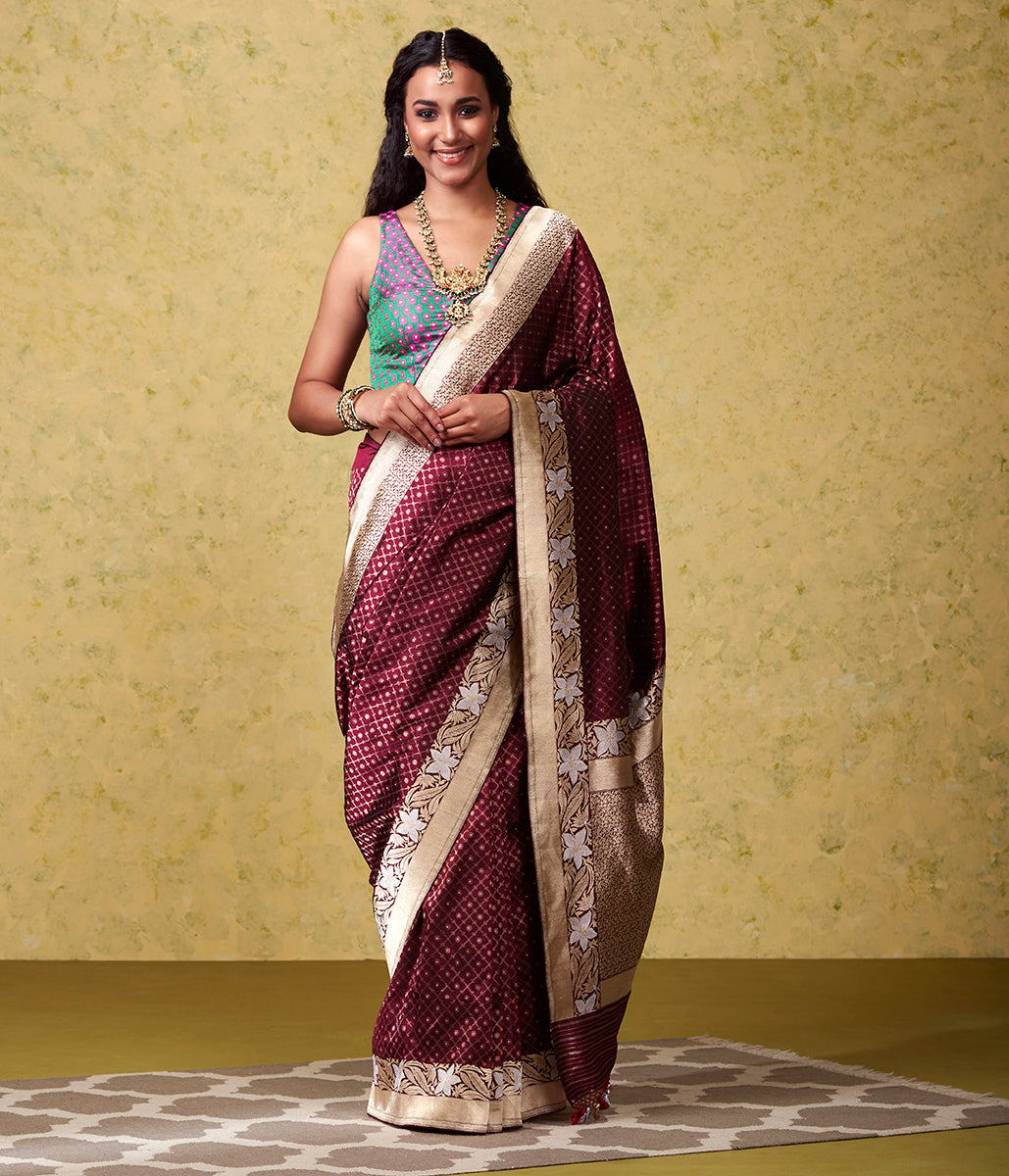 Handwoven_Wine_Cutwork_Nilambari_Saree_with_Kadhwa_Border_WeaverStory_02