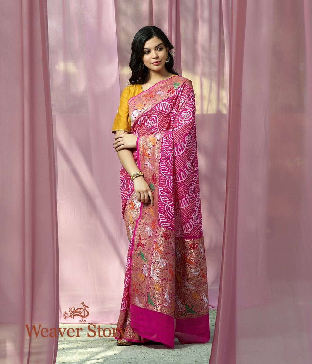 Handwoven_Pink_Bandhej_Saree_with_Shikargah_Border_WeaverStory_02