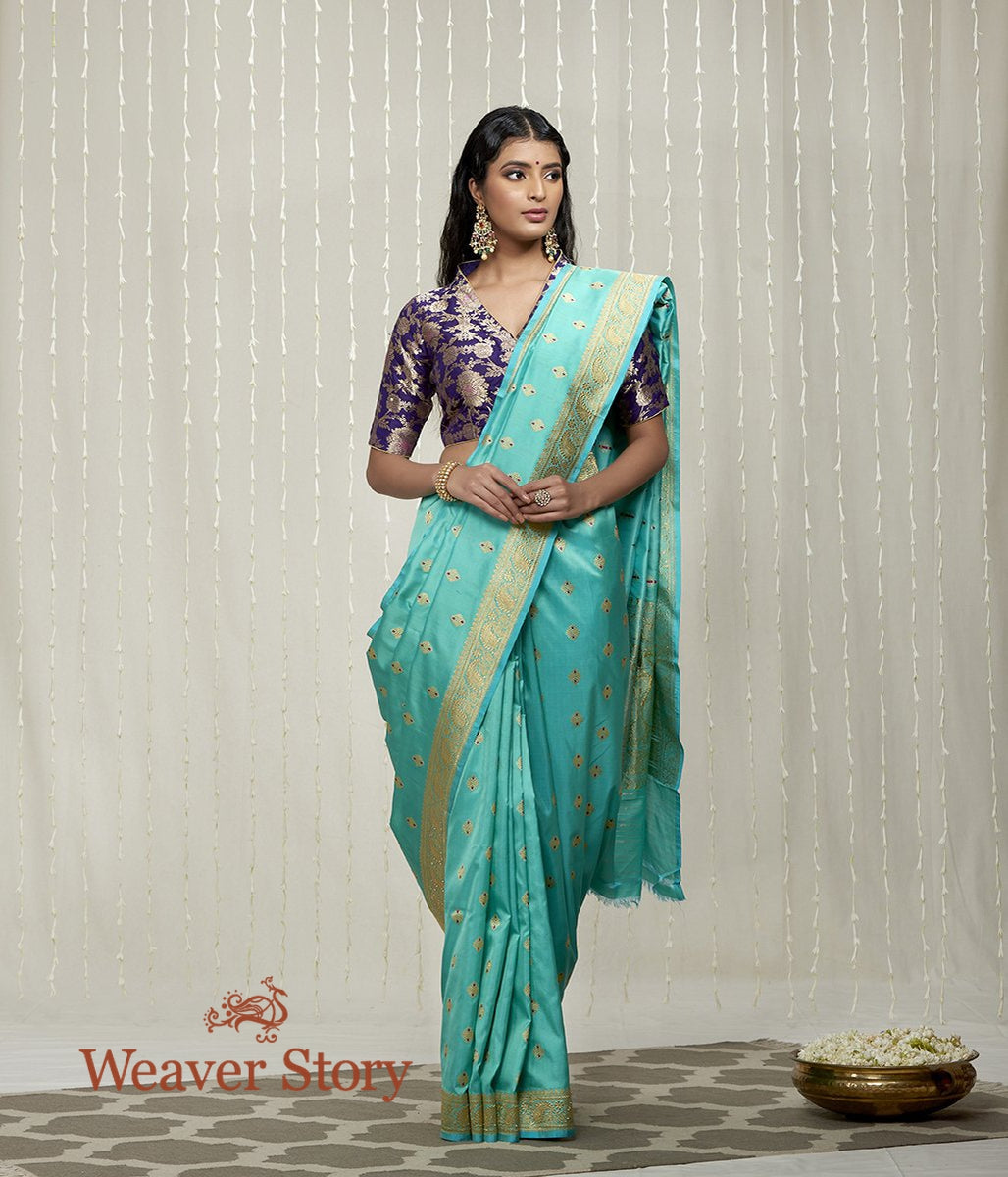 Handwoven_Turquoise_Kadhwa_Booti_Saree_with_Meenakari_WeaverStory_02