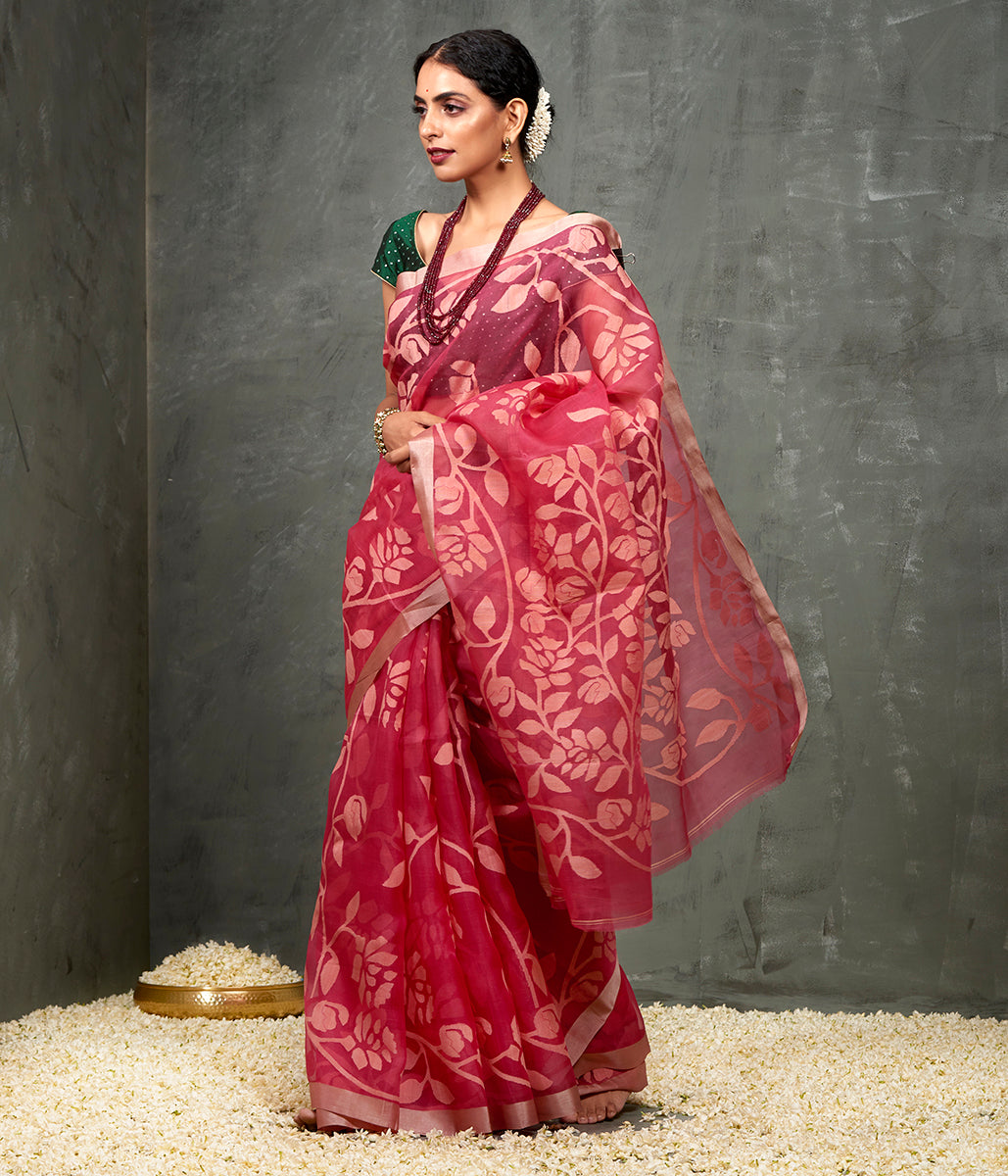 Handwoven_Strawberry_Pink_Muslin_Jamdani_Saree_with_all_over_Jaal_WeaverStory_02