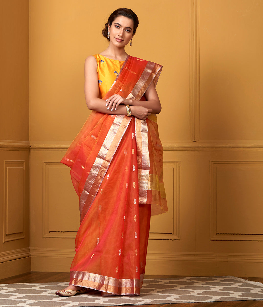 Handwoven_Orange_Kora_Saree_with_Gold_Silver_Zari_Boota_WeaverStory_02