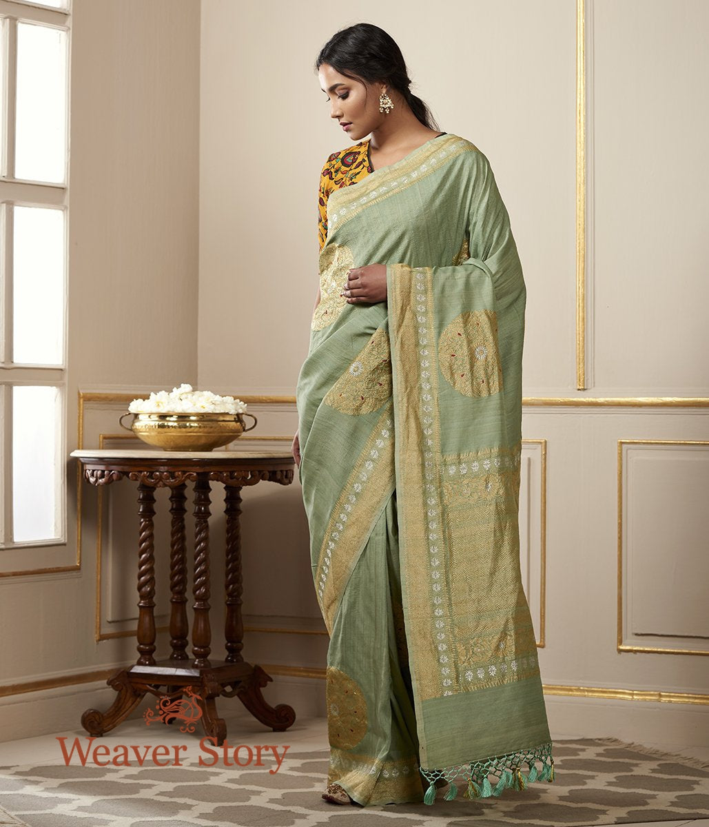 Handloom_Moss_Green_Tusser_Georgette_Saree_with_Kadhwa_Boota_and_Meenakari_WeaverStory_02