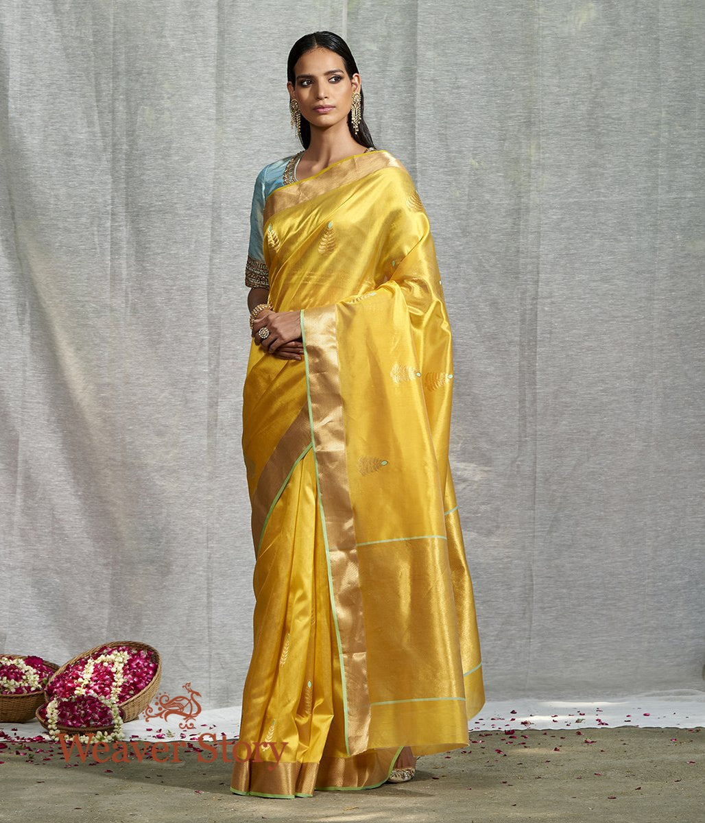 Handwoven_Mustard_Silk_Saree_with_Meena_Boota_and_Green_Selvedge_WeaverStory_02
