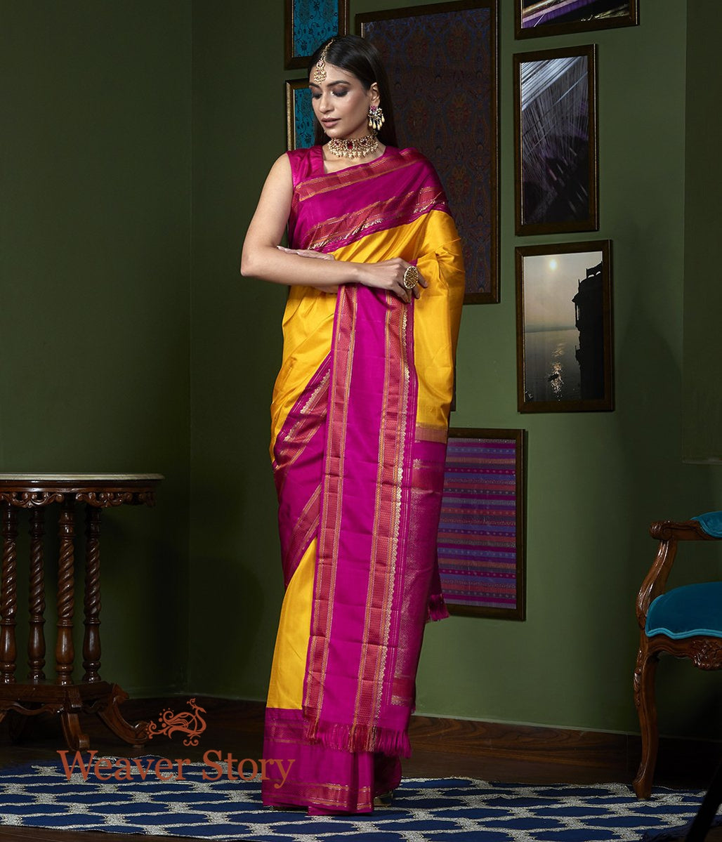 Handwoven_Mustard_Kanjivaram_Saree_with_Majenta_Border_WeaverStory_02