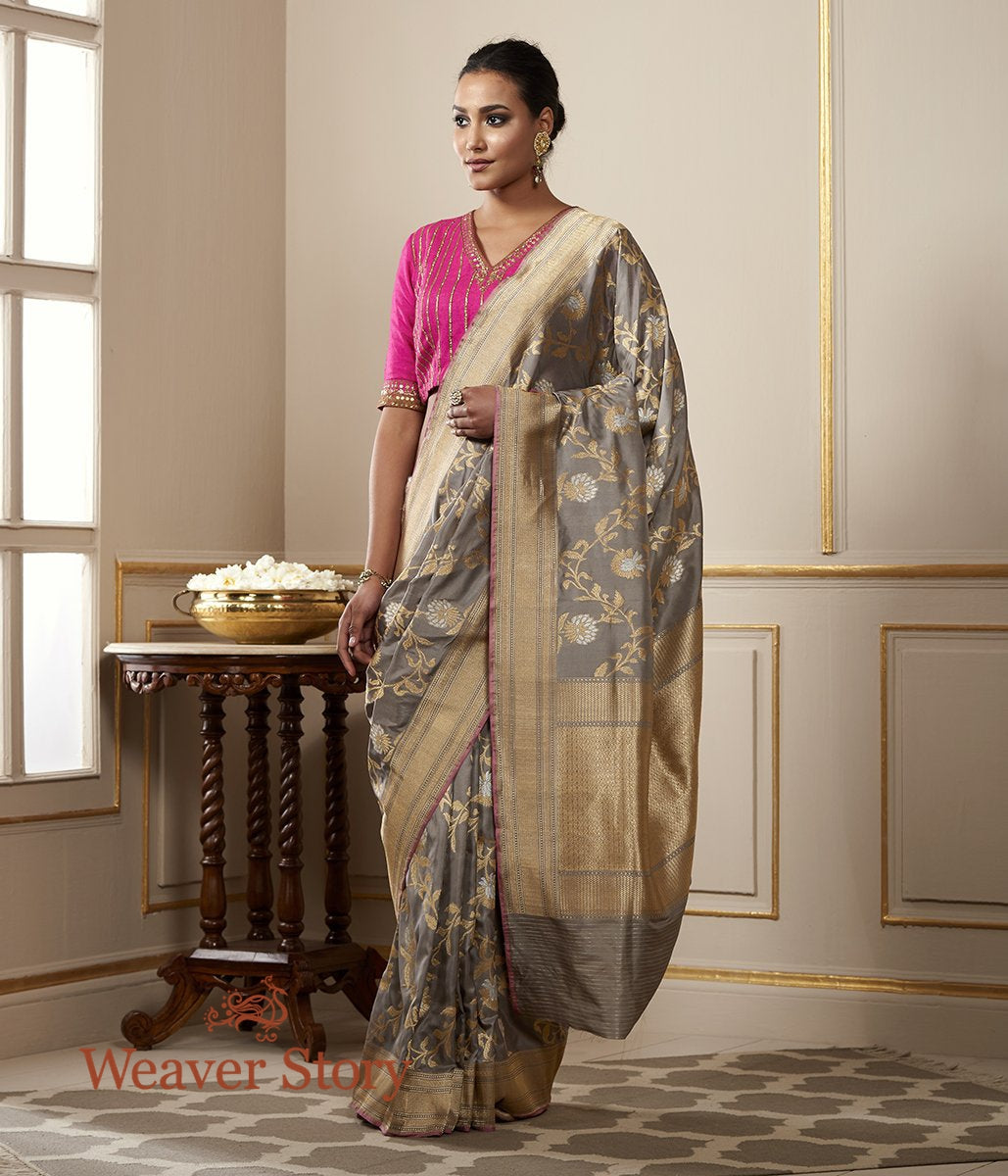 Handloom_Grey_and_Beige_Banarasi_Jangla_with_Pink_Selvedge_WeaverStory_02