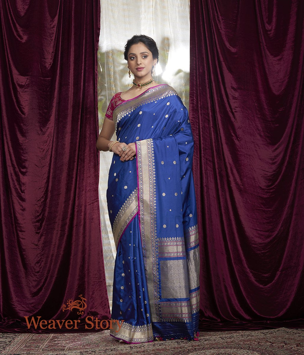 Handwoven_Blue_Floral_Booti_Saree_with_Purple_Brocade_Blouse_WeaverStory_02