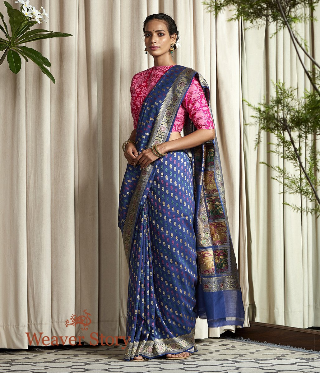 Handloom_Navy_Blue_Hand_Spun_Cotton_Silk_Baluchari_Saree_with_Small_Booti_WeaverStory_02
