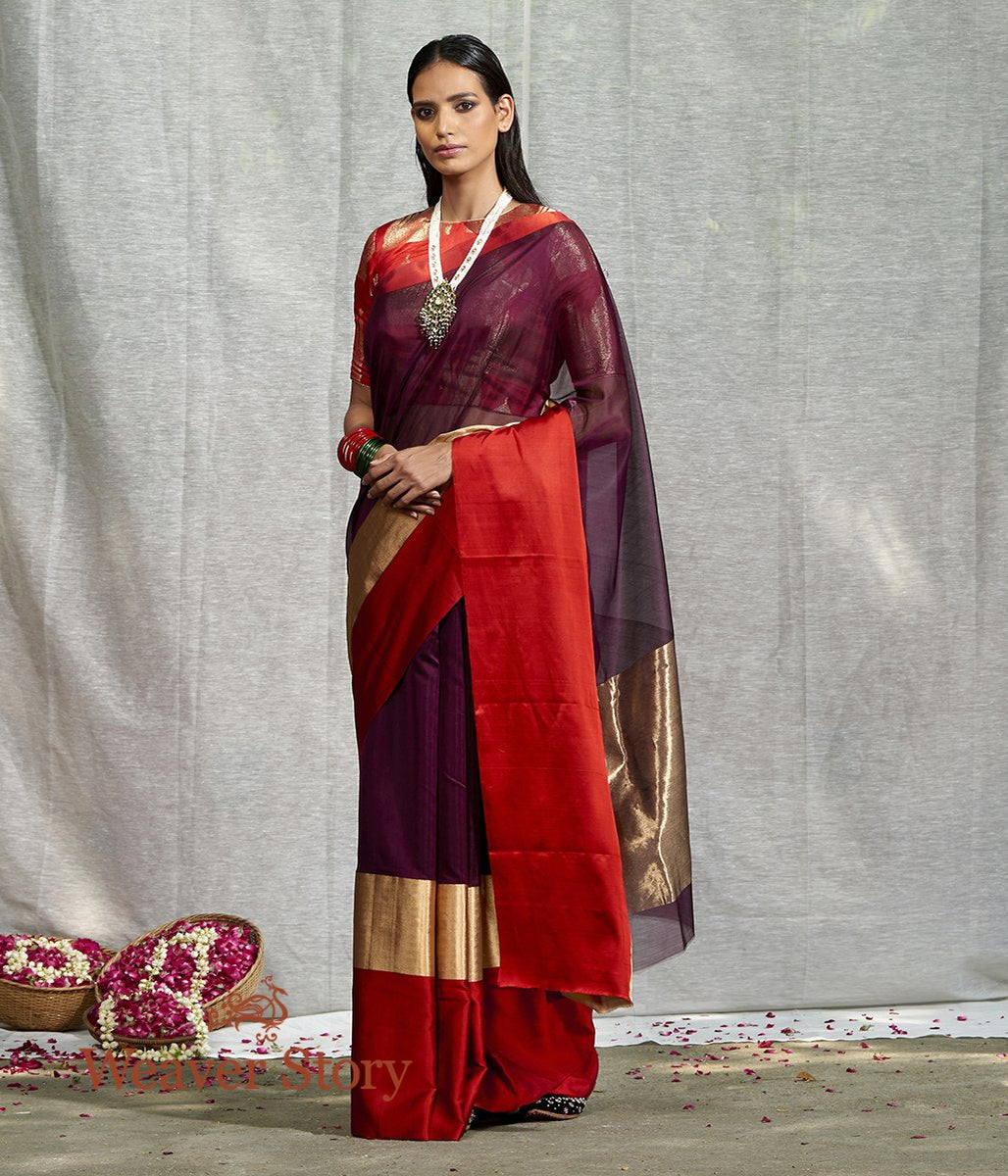 Handwoven_Purple_Plain_Saree_with_Red_Mushroo_Border_WeaverStory_02