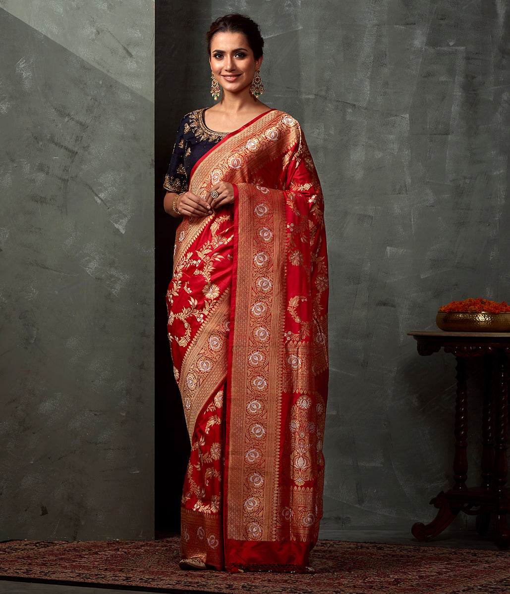 Handwoven_Red_Heavy_Kadhwa_Jangla_Saree_WeaverStory_02