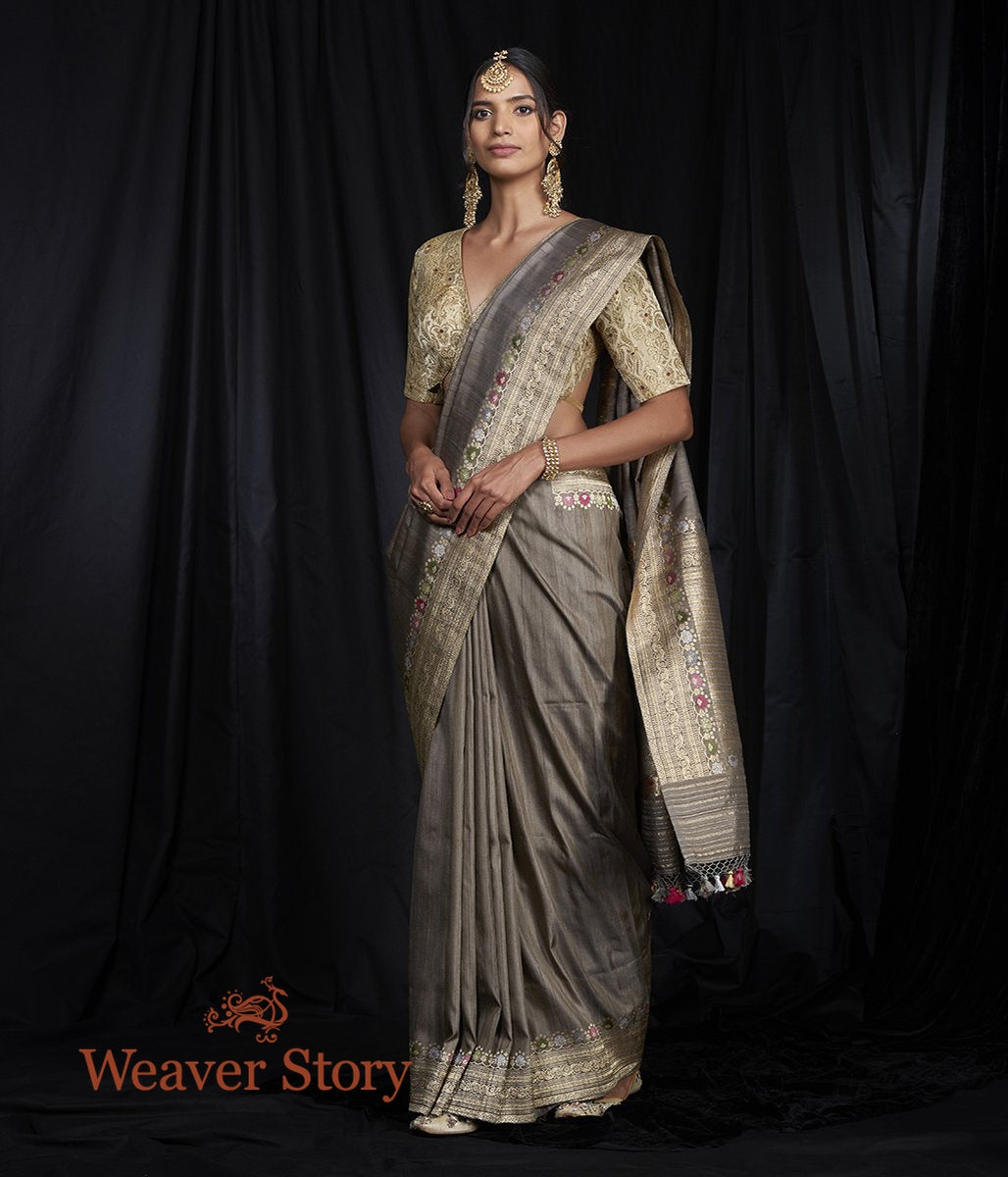 Handwoven_Grey_Tusser_Saree_with_Kadhwa_Meenakari_Border_WeaverStory_02