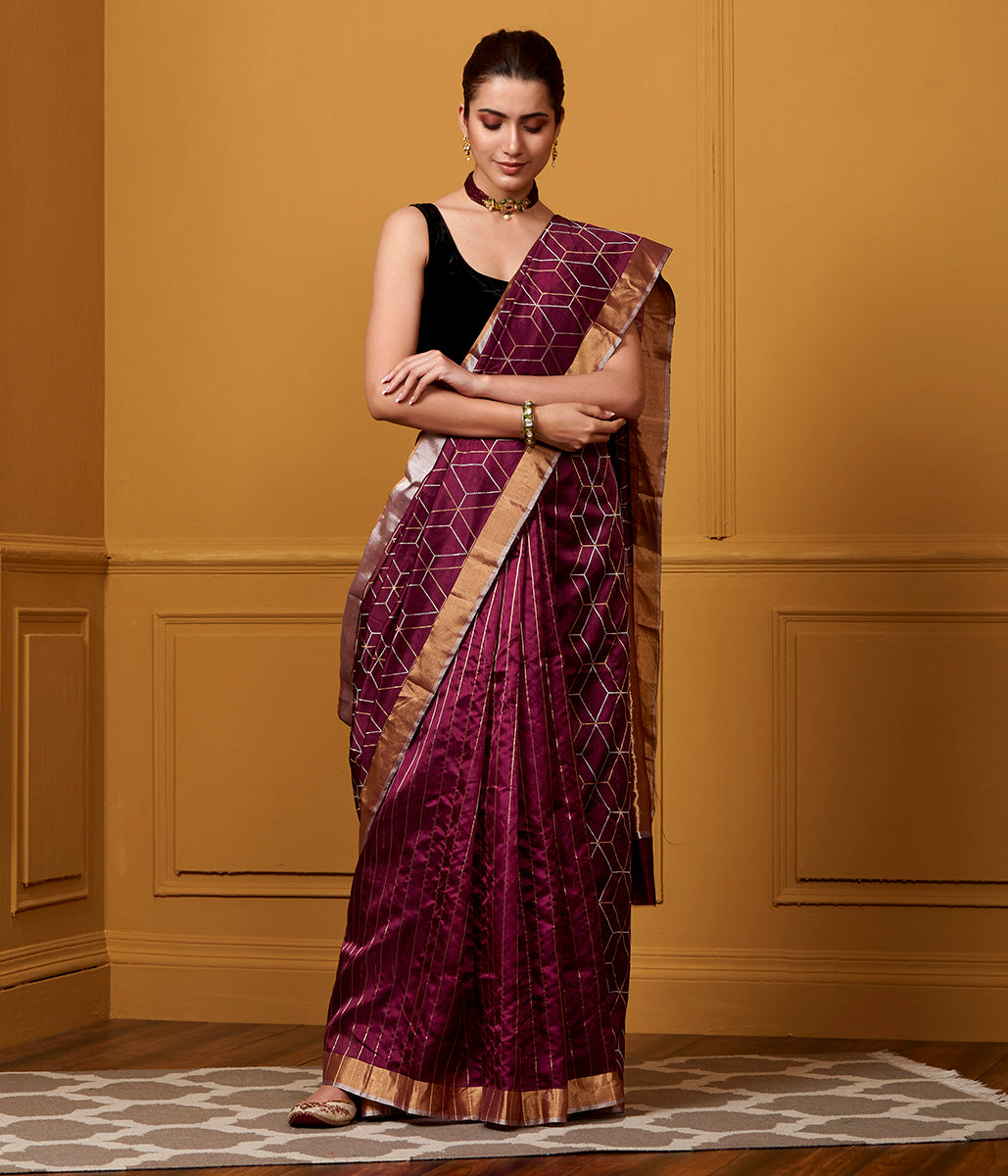 Handloom_Pure_Silk_Chanderi_Saree_with_a_gold_Zari_Geometric_Jaal_WeaverStory_02